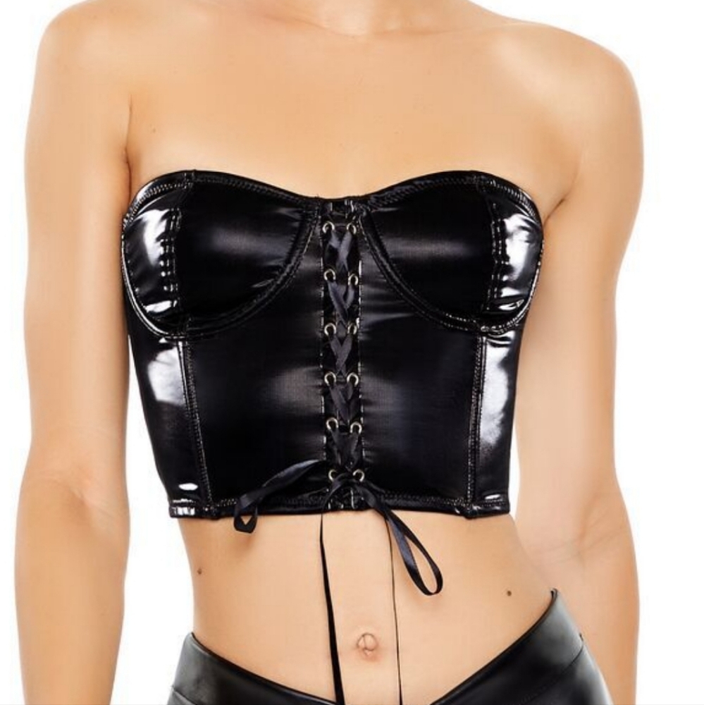 New. Black Lace-Up Strapless Top